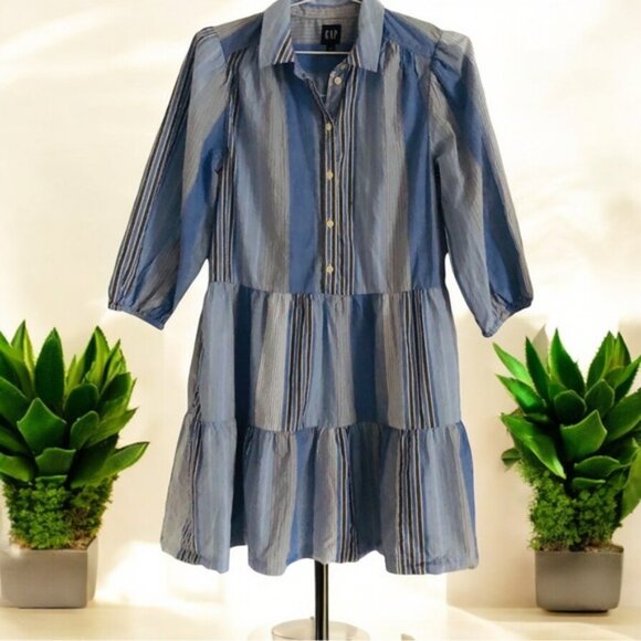 👛 (ANY 2/$35) GAP Unlined Blue-White Striped Tiered Shirt Dress - Picture 1 of 5